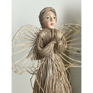 Vintage Hand Painted Woven Straw 12” Angel Figurine Hand Woven Primitive Rustic